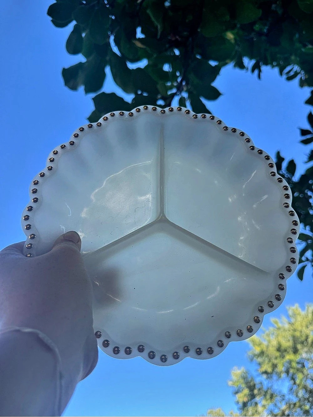 Anchor Hocking Fire-King Milk Glass 3-Part Divided Relish Dish with Gold Beaded